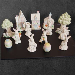 Set Of 17 Pcs Easter Village Figurines With Houses Trees Rabbits & eggs